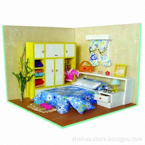 HOT selling beautiful DIY basswood house, doll with light and simulation furniture for child